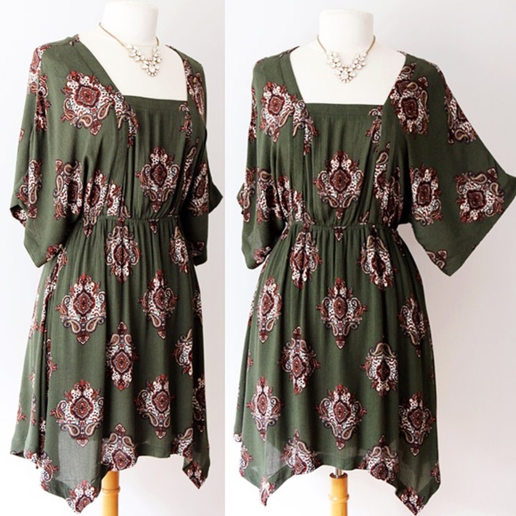 Crescent Dresses & Skirts - Olive Green Square Neck Dolman Ethnic Boho Dress